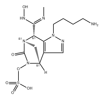 (4R,7R,8S)-1-(4-aminobutyl)-8-((Z)-N'-hydroxy-N-methylcarbamimidoyl)-6-oxo-4,8-dihydro-1H-4,7-methanopyrazolo[3,4-e][1,3]diazepin-5(6H)-yl hydrogen sulfate Structure