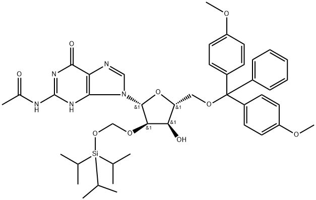 Guanosine, N-acetyl-5'-O-[bis(4-methoxyphenyl)phenylmethyl]-2'-O-[[[tris(1-methylethyl)silyl]oxy]methyl]- Structure