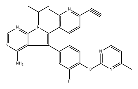 6-(6-ethynyl-2-methylpyridin-3-yl)-5-(3-fluoro-4-((4-methylpyrimidin-2-yl)oxy)phenyl)-7-isopropyl-7H-pyrrolo[2,3-d]pyrimidin-4-amine Structure