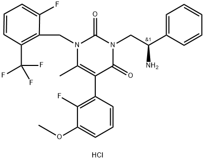 2,4(1H,3H)-Pyrimidinedione, 3-[(2R)-2-amino-2-phenylethyl]-5-(2-fluoro-3-methoxyphenyl)-1-[[2-fluoro-6-(trifluoromethyl)phenyl]methyl]-6-methyl-, hydrochloride (1:1) Structure