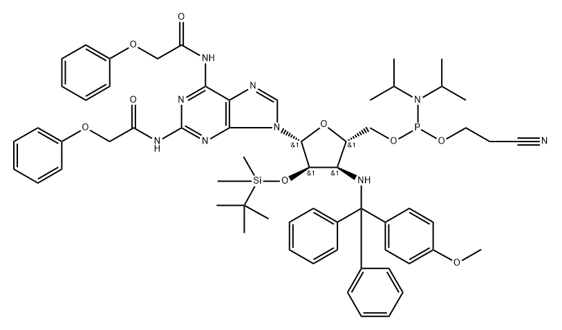 Adenosine, 3'-?deoxy-?2'-?O-?[(1,?1-?dimethylethyl)?dimethylsilyl]?-?3'-?[[(4-?methoxyphenyl)?diphenylmethyl]?amino]?-?N-?(2-?phenoxyacetyl)?-?2-?[(2-?phenoxyacetyl)?amino]?-?, 5'-?[2-?cyanoethyl N,?N-?bis(1-?methylethyl)?phosphoramidite] Structure