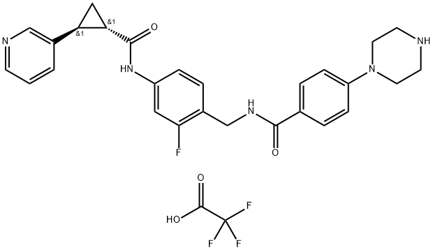 Benzamide, N-[[2-fluoro-4-[[[(1S,2S)-2-(3-pyridinyl)cyclopropyl]carbonyl]amino]phenyl]methyl]-4-(1-piperazinyl)-, 2,2,2-trifluoroacetate (1:) Structure