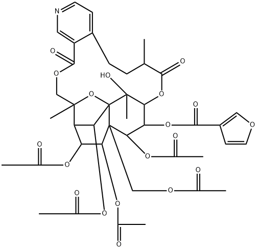 3-Furancarboxylic acid, (7S,10S,11S,12S,13R,14S,15R,16R,17R,22R,23R,24R)-14,15,22,23-tetrakis(acetyloxy)-13-[(acetyloxy)methyl]-5,7,8,10,11,13,14,15,16,17,18,20-dodecahydro-11-hydroxy-7,11,17-trimethyl-8,20-dioxo-12,17-epoxy-10,13-ethano-12,16-methano-6H,12H-[1,9]dioxacyclooctadecino[3,4-c]pyridin-24-yl ester 구조식 이미지