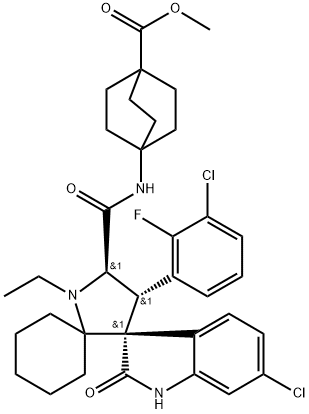 methyl 4-((3'R,4'S,5'R)-6''-chloro-4'-(3-chloro-2-fluorophenyl)-1'-ethyl-2''-oxodispiro[cyclohexane-1,2'-pyrrolidine-3',3''-indoline]-5'-carboxamido)bicyclo[2.2.2]octane-1-carboxylate Structure