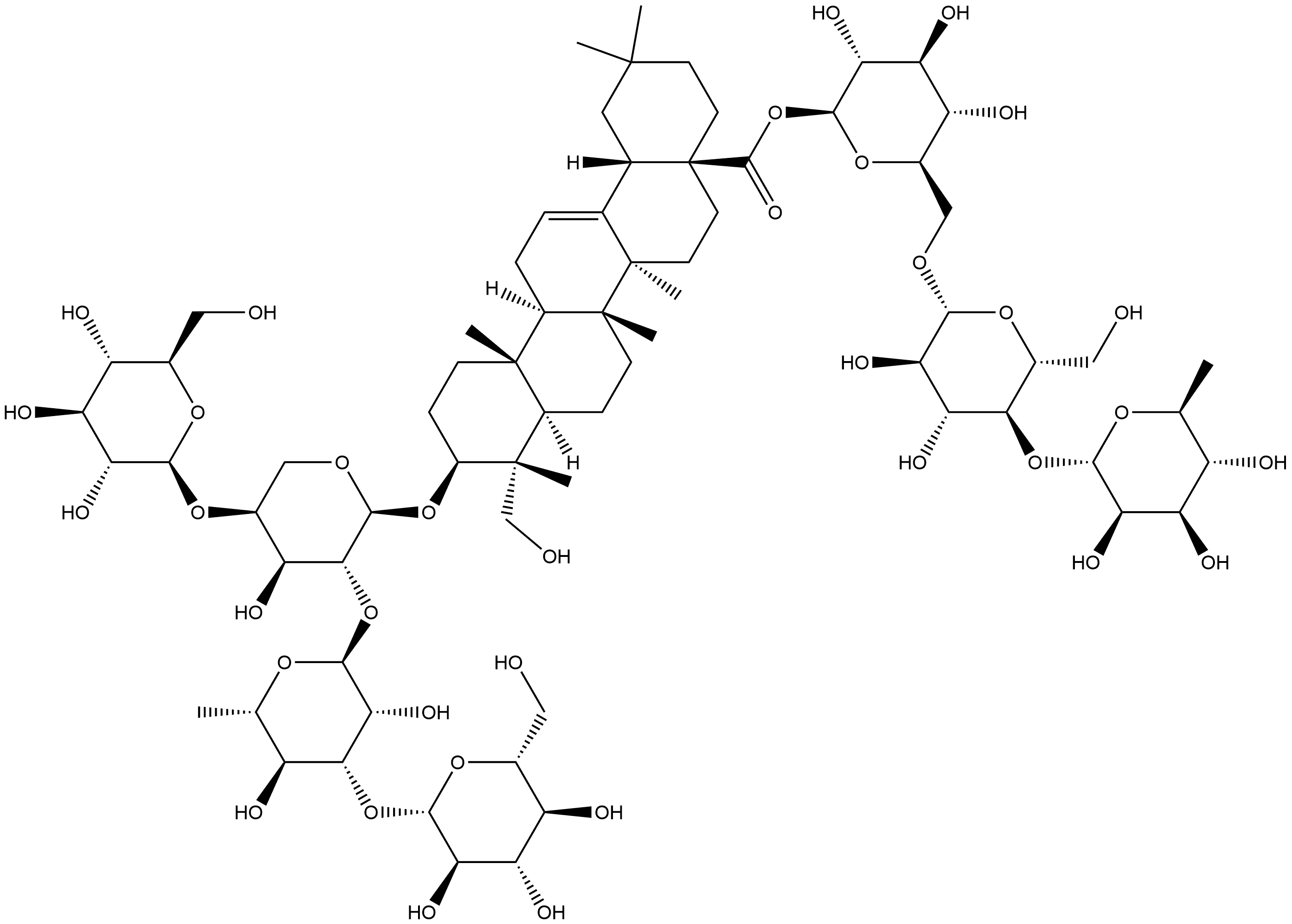 Olean-12-en-28-oic acid, 3-[(O-β-D-glucopyranosyl-(1→4)-O-[O-β-D-glucopyranosyl-(1→3)-6-deoxy-α-L-mannopyranosyl-(1→2)]-α-L-arabinopyranosyl)oxy]-23-hydroxy-, O-6-deoxy-α-L-mannopyranosyl-(1→4)-O-β-D-glucopyranosyl-(1→6)-β-D-glucopyranosyl ester, (3β,4α)- Structure