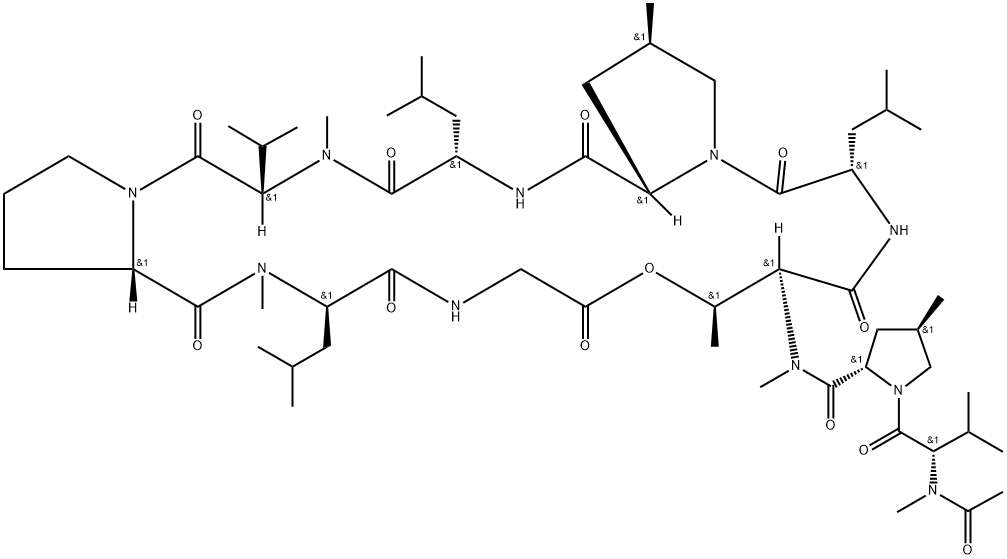 N-(N-Methyl-N-acetyl-L-Val-4β-methyl-L-Pro-)N-methylcyclo[L-Thr*-L-Leu-4β-methyl-L-Pro-L-Leu-N-methyl-L-Val-L-Pro-N-methyl-D-Leu-Gly-] Structure