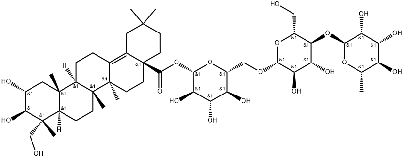 Olean-13(18)-en-28-oic acid, 2,3,23-trihydroxy-, O-6-deoxy-α-L-mannopyranosyl-(1→4)-O-β-D-glucopyranosyl-(1→6)-β-D-glucopyranosyl ester, (2α,3β,4α)- Structure