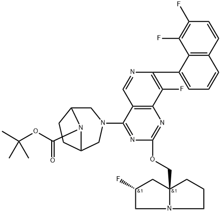 rel-1,1-Dimethylethyl 3-[7-(7,8-difluoro-1-naphthalenyl)-8-fluoro-2-[[(2R,7aS)-2-fluorotetrahydro-1H-pyrrolizin-7a(5H)-yl]methoxy]pyrido[4,3-d]pyrimidin-4-yl]-3,8-diazabicyclo[3.2.1]octane-8-carboxylate Structure