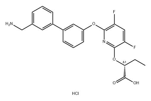 Butanoic acid, 2-[[6-[[3'-(aminomethyl)[1,1'-biphenyl]-3-yl]oxy]-3,5-difluoro-2-pyridinyl]oxy]-, hydrochloride (1:1), (2R)- Structure