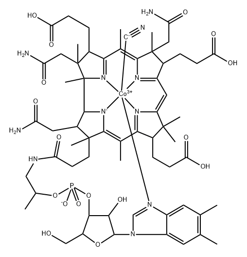 Cobinic acid-acg-triamide, Co-(cyano-κC)-, dihydrogen phosphate (ester), inner salt, 3'-ester with (5,6-dimethyl-1-α-D-ribofuranosyl-1H-benzimidazole-κN3) (9CI) Structure