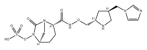 (2S,5R)-N-{[(2S,4R)-4-(1H-imidazol-1-ylmethyl)-pyrrolidin-2-yl]methyloxy}-7-oxo-6-(sulfooxy)-1,6-diazabicyclo[3.2.1]octane-2-carboxamide Structure