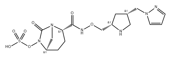 (2S,5R)-N-{[(2S,4S)-4-(1H-pyrazol-1-ylmethyl)-pyrrolidin-2-yl]methyloxy}-7-oxo-6-(sulfooxy)-1,6-diazabicyclo[3.2.1]octane-2-carboxamide 구조식 이미지