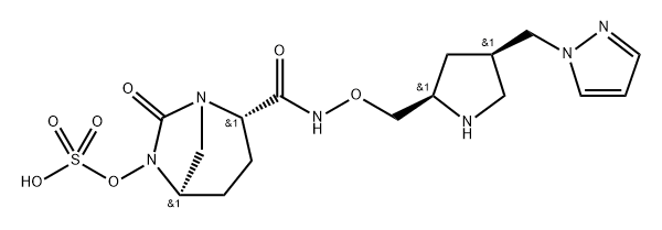 (2S,5R)-N-{[(2R,4R)-4-(1H-pyrazol-1-ylmethyl)-pyrrolidin-2-yl]methyloxy}-7-oxo-6-(sulfooxy)-1,6-diazabicyclo[3.2.1]octane-2-carboxamide Structure
