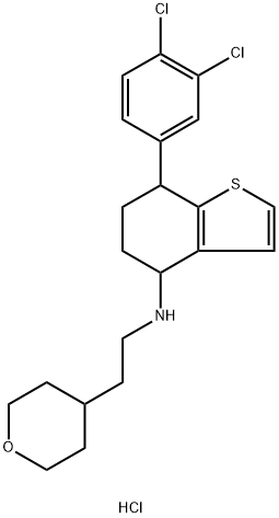 Benzo[b]thiophen-4-amine, 7-(3,4-dichlorophenyl)-4,5,6,7-tetrahydro-N-[2-(tetrahydro-2H-pyran-4-yl)ethyl]-, hydrochloride (1:1) Structure