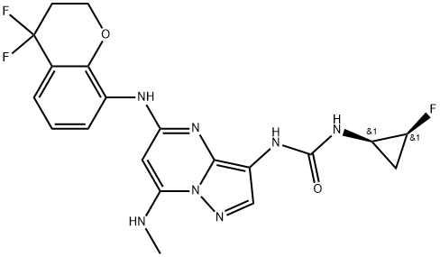 Urea,N-[5-[(4,4-difluoro-3,4-dihydro-2H-1-benzopyran-8-yl)amino]-7-(methylamino)pyrazolo[1,5-a]pyrimidin-3-yl]-N'-[(1R,2S)-2-fluorocyclopropyl]- Structure