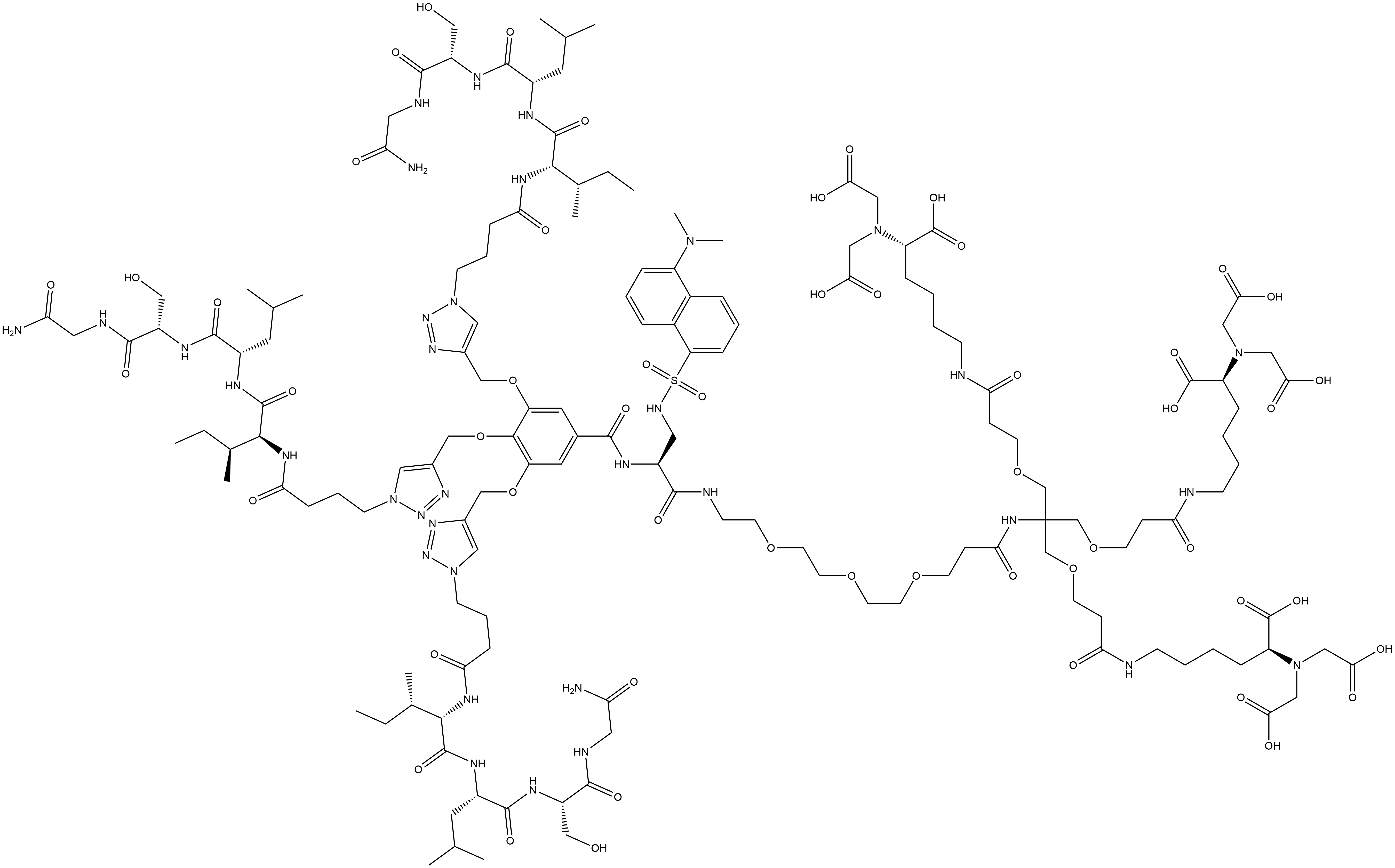 1,1',1'',1'''-[[5-[(3S,30S)-19,19-Bis[[3-[[(5S)-5-[bis(carboxymethyl)amino]-5-carboxypentyl]amino]-3-oxopropoxy]methyl]-30,32-dicarboxy-31-(carboxymethyl)-3-[[[[5-(dimethylamino)-1-naphthalenyl]sulfonyl]amino]methyl]-1,4,17,24-tetraoxo-8,11,14,21-tetraoxa-2,5,18,25,31-pentaazadotriacont-1-yl]-1,2,3-benzenetriyl]tris[oxymethylene-1H-1,2,3-triazole-4,1-diyl(1-oxo-4,1-butanediyl)]]tris[L-isoleucyl-L-leucyl-L-serylglycinamide Structure