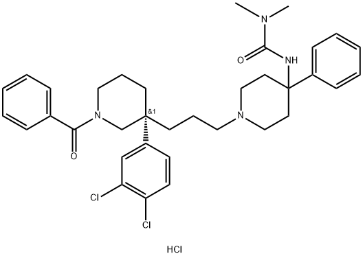 N1-[1-3-[(3R)-1-Benzoyl-3-(3-(3,4-dichlorophenyl)-3-piperidinyl]propyl]-4-phenyl-piperidinyl]-N,N-dimethylurea  hydrochloride 구조식 이미지