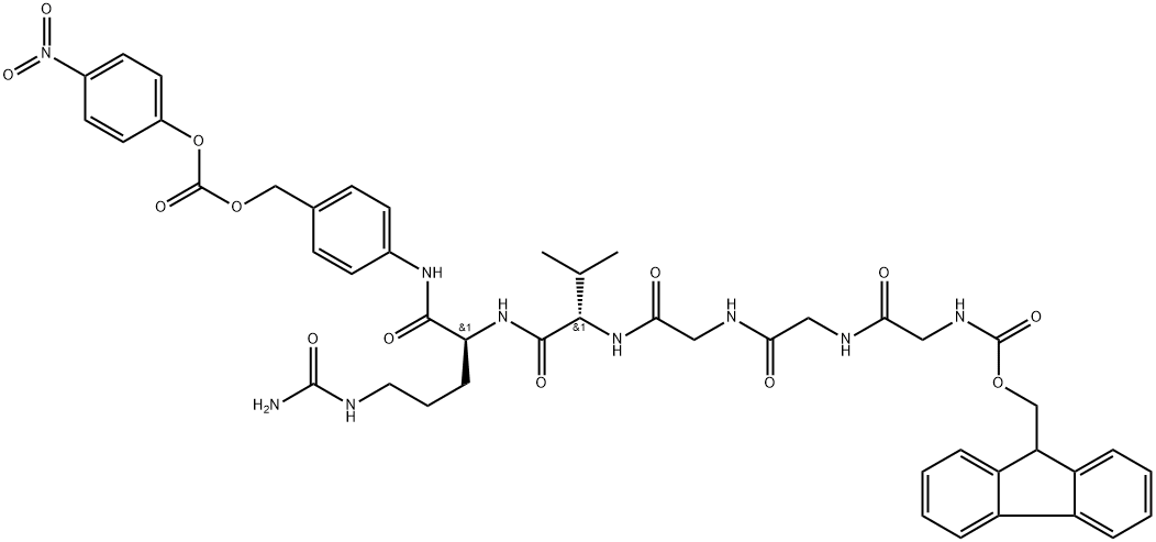 (9H-fluoren-9-yl)methyl ((6S,9S)-1-amino-9-isopropyl-6-((4-((((4-nitrophenoxy)carbonyl)oxy)methyl)phenyl)carbamoyl)-1,8,11,14,17-pentaoxo-2,7,10,13,16-pentaazaoctadecan-18-yl)carbamate 구조식 이미지