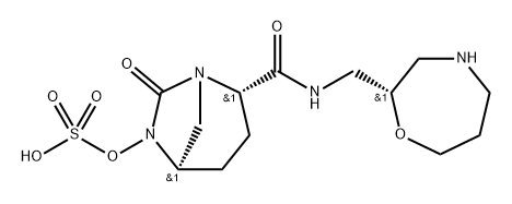 (2S,5R)-2-((((S)-1,4-oxazepan-2-yl)methyl)carbamoyl)-7-oxo-1,6-diazabicyclo[3.2.1]octan-6-yl hydrogen sulfate 구조식 이미지