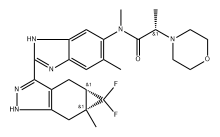 4-Morpholineacetamide, N-[2-[(4aS,5aR)-5,5-difluoro-1,4,4a,5,5a,6-hexahydro-5a-methylcycloprop[f]indazol-3-yl]-5-methyl-1H-benzimidazol-6-yl]-N,α-dimethyl-, (αS)- 구조식 이미지