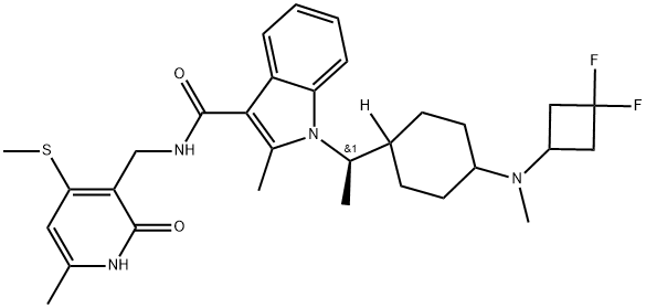 1H-Indole-3-carboxamide, 1-[(1R)-1-[4-[(3,3-difluorocyclobutyl)methylamino]cyclohexyl]ethyl]-N-[[1,2-dihydro-6-methyl-4-(methylthio)-2-oxo-3-pyridinyl]methyl]-2-methyl- Structure