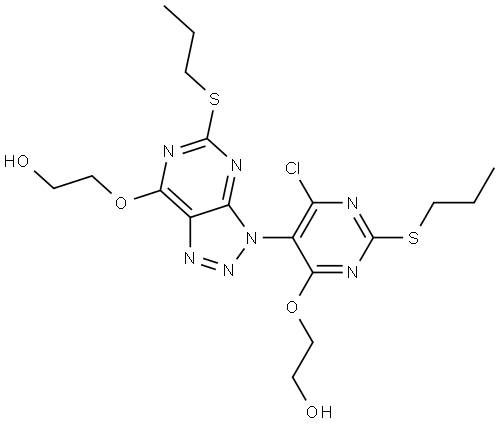 2-((6-chloro-5-(7-(2-hydroxyethoxy)-5-(propylthio)-3H-[1,2,3]triazolo[4,5-d]pyrimidin-3-yl)-2-(propylthio)pyrimidin-4-yl)oxy)ethan-1-ol 구조식 이미지