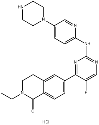 1(2H)-Isoquinolinone, 2-ethyl-6-[5-fluoro-2-[[5-(1-piperazinyl)-2-pyridinyl]amino]-4-pyrimidinyl]-3,4-dihydro-, hydrochloride (1:1) Structure