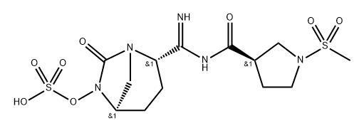 (2S,5R)-2-(N-((R)-1-(methylsulfonyl)pyrrolidine-3-carbonyl)carbamimidoyl)-7-oxo-1,6-diazabicyclo[3.2.1]octan-6-yl hydrogen sulfate Structure