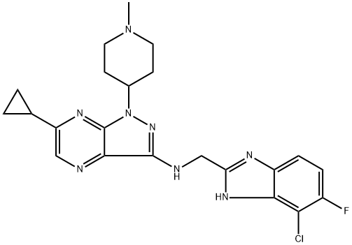 N-((4-chloro-5-fluoro-1H-benzo[d]imidazol-2-yl)methyl)-6-cyclopropyl-1-(1-methylpiperidin-4-yl)-1H-pyrazolo[3,4-b]pyrazin-3-amine Structure