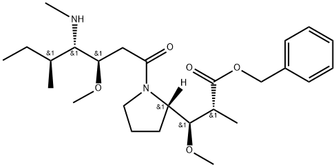 2-?Pyrrolidinepropanoic acid, β-?methoxy-?1-?[(3R,?4S,?5S)?-?3-?methoxy-?5-?methyl-?4-?(methylamino)?-?1-?oxoheptyl]?-?α-?methyl-?, phenylmethyl ester, (αR,?βR,?2S)?- 구조식 이미지
