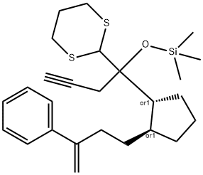 rel-2-[1-[(1R,2S)-2-(3-Phenyl-3-buten-1-yl)cyclopentyl]-1-[(trimethylsilyl)oxy]-3-butyn-1-yl]-1,3-dithiane Structure