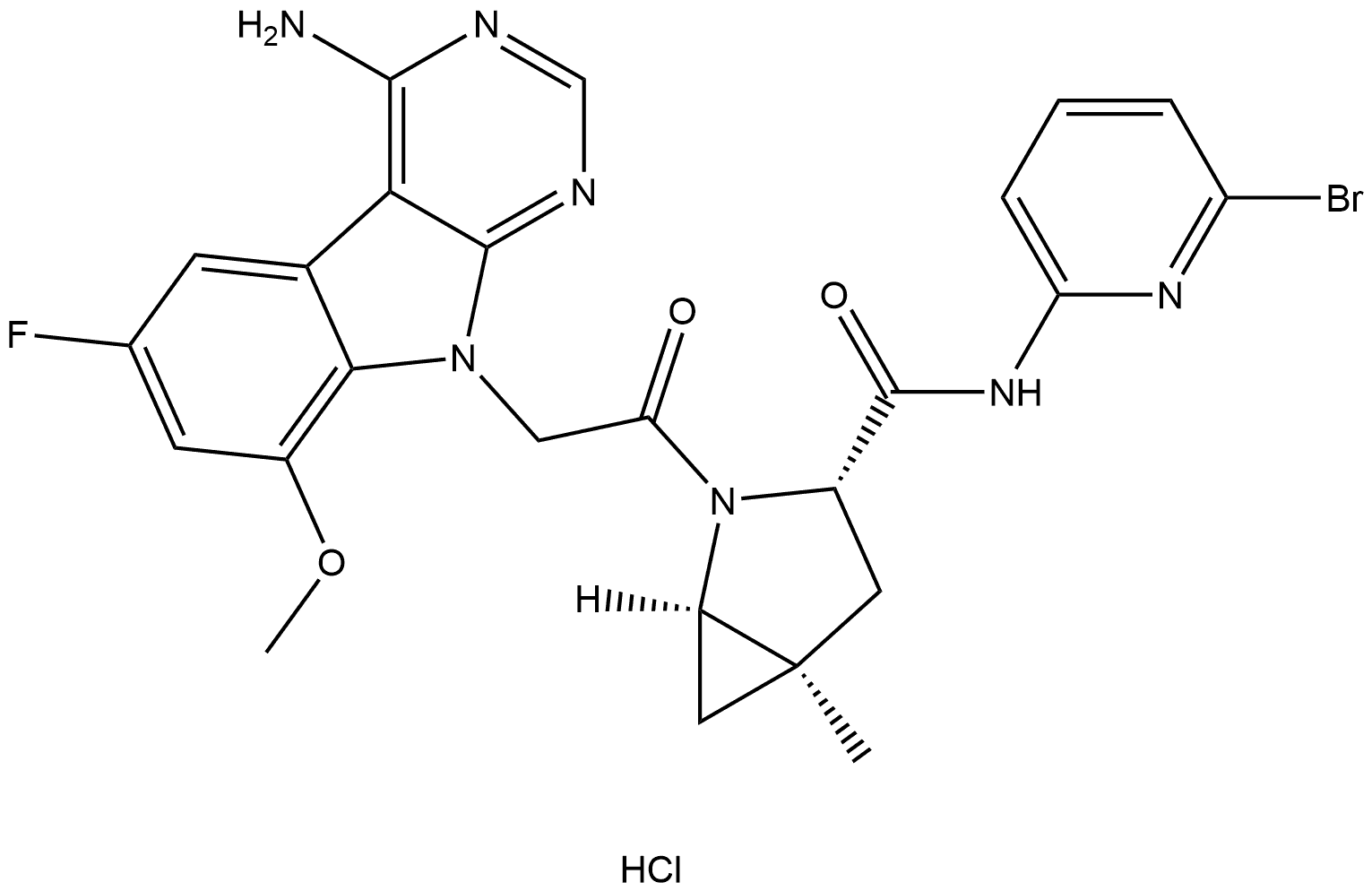 (1R,3S,5R)-2-(2-(4-amino-6-fluoro-8-methoxy-9H-pyrimido[4,5-b]indol-9-yl)acetyl)-N-(6-bromopyridin-2-yl)-5-methyl-2-azabicyclo[3.1.0]hexane-3-carboxamide hydrochloride Structure