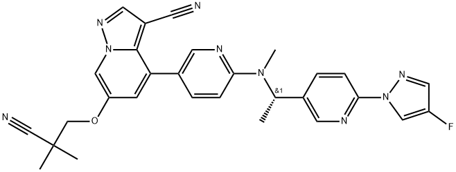 Pyrazolo[1,5-a]pyridine-3-carbonitrile, 6-(2-cyano-2-methylpropoxy)-4-[6-[[(1S)-1-[6-(4-fluoro-1H-pyrazol-1-yl)-3-pyridinyl]ethyl]methylamino]-3-pyridinyl]- Structure