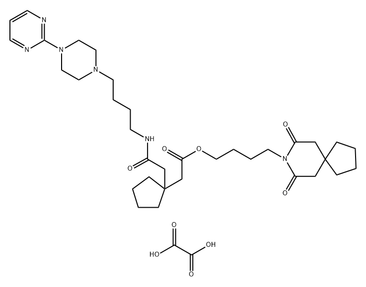 Cyclopentaneacetic acid, 1-[2-oxo-2-[[4-[4-(2-pyrimidinyl)-1-piperazinyl]butyl]amino]ethyl]-, 4-(7,9-dioxo-8-azaspiro[4.5]dec-8-yl)butyl ester, ethanedioate (1:1) Structure