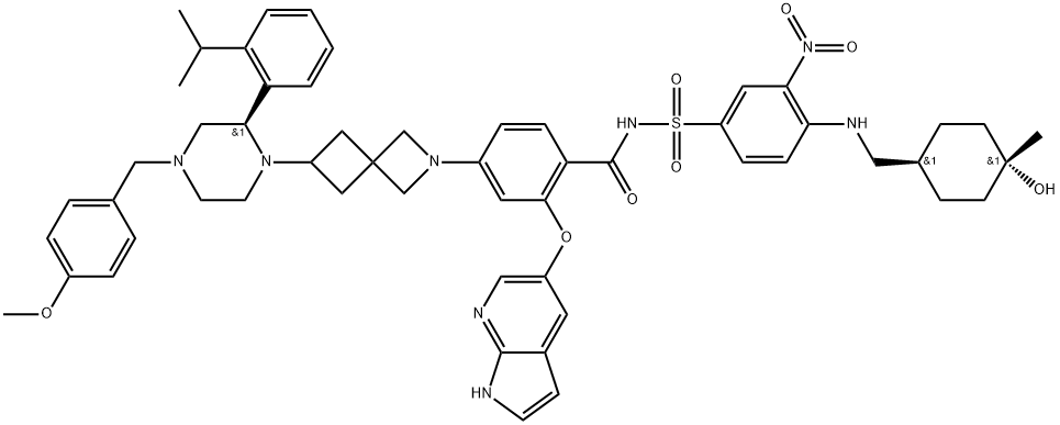 2-((1H-pyrrolo[2,3-b]pyridin-5-yl)oxy)-N-((4-((((1r,4r)-4-hydroxy-4-methylcyclohexyl)methyl)amino)-3-nitrophenyl)sulfonyl)-4-(6-((R)-2-(2-isopropylphenyl)-4-(4-methoxybenzyl)piperazin-1-yl)-2-azaspiro[3.3]heptan-2-yl)benzamide Structure