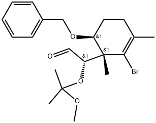 2-Cyclohexene-1-acetaldehyde, 2-bromo-α-(1-methoxy-1-methylethoxy)-1,3-dimethyl-6-(phenylmethoxy)-, (αS,1S,6S)- Structure