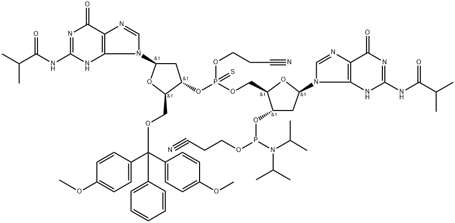 Guanosine, 5′-O-[bis(4-methoxyphenyl)phenylmethyl]-P(O)-(2-cyanoethyl)-2′-deoxy-N-(2-methyl-1-oxopropyl)-P-thioguanylyl-(3′→5′)-2′-deoxy-N-(2-methyl-1-oxopropyl)-, 3′-[2-cyanoethyl bis(1-methylethyl)phosphoramidite] Structure