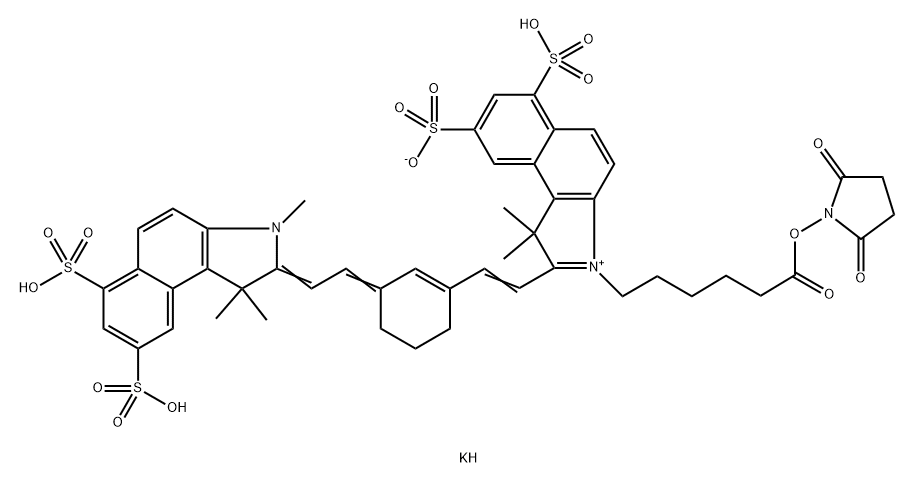 1H-Benz[e]indolium, 2-[2-[3-[2-(1,3-dihydro-1,1,3-trimethyl-6,8-disulfo-2H-benz[e]indol-2-ylidene)ethylidene]-1-cyclohexen-1-yl]ethenyl]-3-[6-[(2,5-dioxo-1-pyrrolidinyl)oxy]-6-oxohexyl]-1,1-dimethyl-6,8-disulfo-, inner salt, potassium salt (1:1) 구조식 이미지