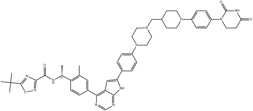 (R)-5-(tert-butyl)-N-(1-(4-(6-(4-(4-((1-(4-(2,4-dioxotetrahydropyrimidin-1(2H)-yl)phenyl)piperidin-4-yl)methyl)piperazin-1-yl)phenyl)-7H-pyrrolo[2,3-d]pyrimidin-4-yl)-2-methylphenyl)ethyl)-1,2,4-oxadiazole-3-carboxamide Structure