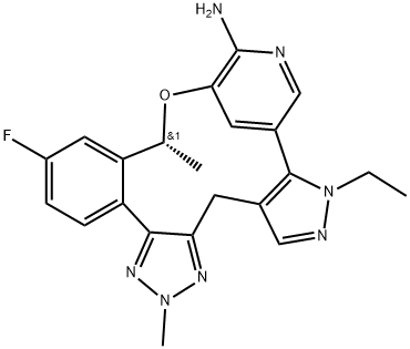 7H-8,12-Metheno-4H-pyrazolo[3,4-h]-1,2,3-triazolo[4,5-k][2,5]benzoxaazacyclotetradecin-11-amine, 7-ethyl-16-fluoro-2,14-dihydro-2,14-dimethyl-, (14R)- Structure