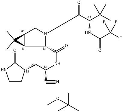 3-Azabicyclo[3.1.0]hexane-2-carboxamide, N-[(1S)-1-cyano-2-[(3S)-2-oxo-3-pyrrolidinyl]ethyl]-3-[(2S)-3,3-dimethyl-1-oxo-2-[(2,2,2-trifluoroacetyl)amino]butyl]-6,6-dimethyl-, compd. with 2-methoxy-2-methylpropane (1:1), (1R,2S,5S)- Structure