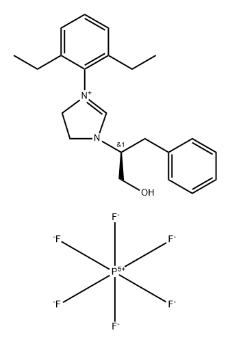 1H-Imidazolium, 3-(2,6-diethylphenyl)-4,5-dihydro-1-[(1S)-1-(hydroxymethyl)-2-phenylethyl]-, hexafluorophosphate(1-) (1:1) Structure