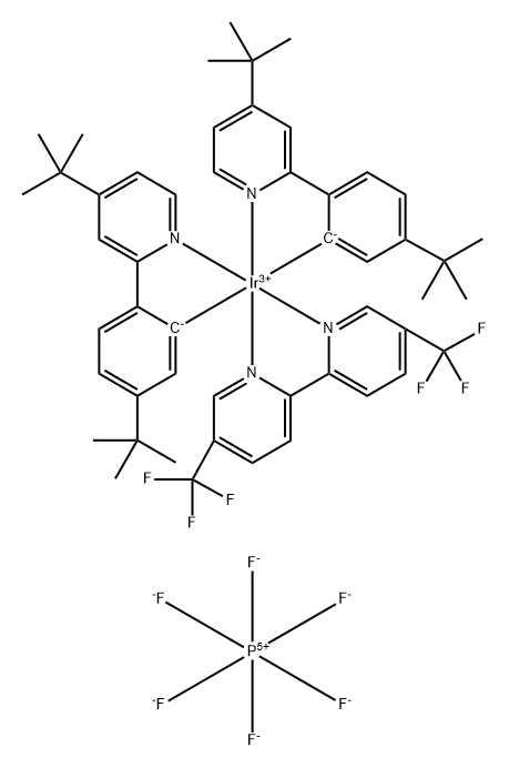 Iridium(1+), [5,5'-bis(trifluoromethyl)-2,2'-bipyridine-κN1,κN1']bis[5-(1,1-dimethylethyl)-2-[4-(1,1-dimethylethyl)-2-pyridinyl-κN]phenyl-κC]-, (OC-6-33)-, hexafluorophosphate(1-) (1:1) Structure