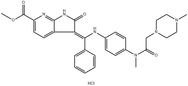 1H-Pyrrolo(2,3-b)pyridine-6-carboxylic acid, 2,3-dihydro-3-(((4-(methyl(2-(4-methyl-1-piperazinyl)acetyl)amino)phenyl)amino)phenylmethylene)-2-oxo-, methyl ester, (3Z)-, hydrochloride Structure