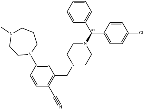 Benzonitrile, 2-[[4-[(S)-(4-chlorophenyl)phenylmethyl]-1-piperazinyl]methyl]-4-(hexahydro-4-methyl-1H-1,4-diazepin-1-yl)- Structure