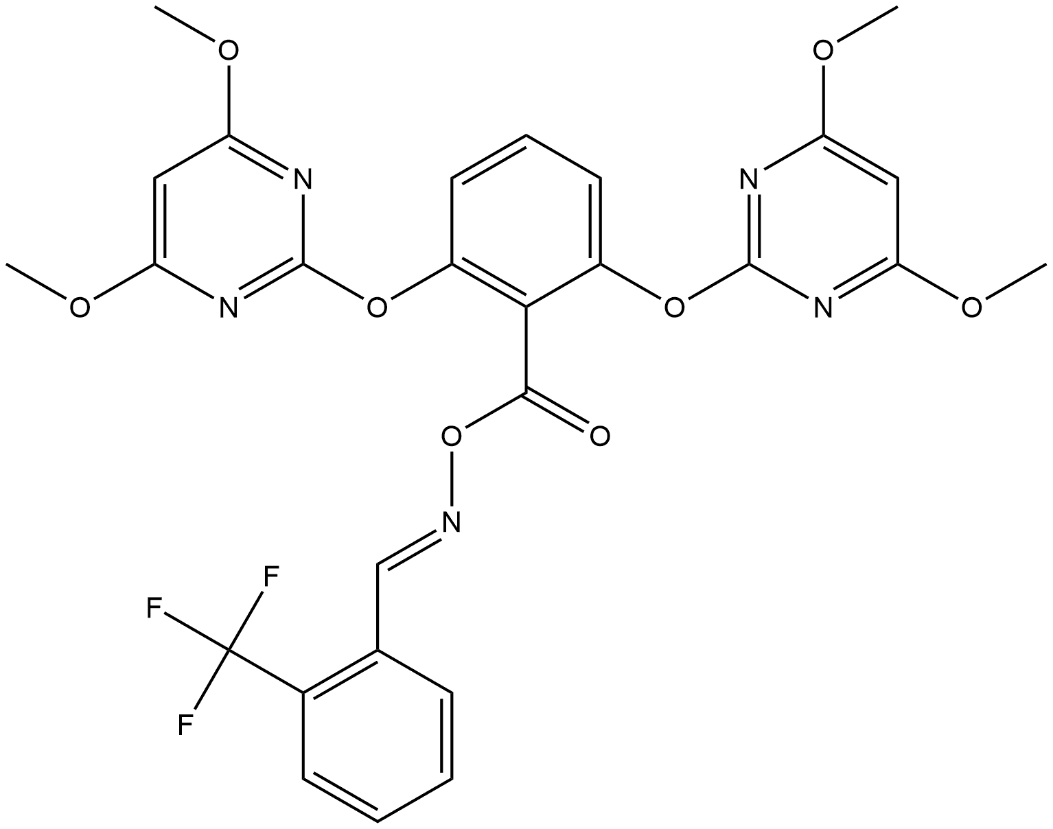 Benzaldehyde, 2-(trifluoromethyl)-, O-[2,6-bis[(4,6-dimethoxy-2-pyrimidinyl)oxy]benzoyl]oxime, [C(E)]- Structure