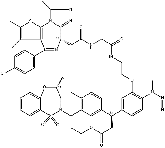 1H-Benzotriazole-5-propanoic acid, 7-[2-[[2-[[2-[(6S)-4-(4-chlorophenyl)-2,3,9-trimethyl-6H-thieno[3,2-f][1,2,4]triazolo[4,3-a][1,4]diazepin-6-yl]acetyl]amino]acetyl]amino]ethoxy]-β-[3-[[(4R)-3,4-dihydro-4-methyl-1,1-dioxido-2H-5,1,2-benzoxathiazepin-2-yl]methyl]-4-methylphenyl]-1-methyl-, ethyl ester, (βS)- Structure