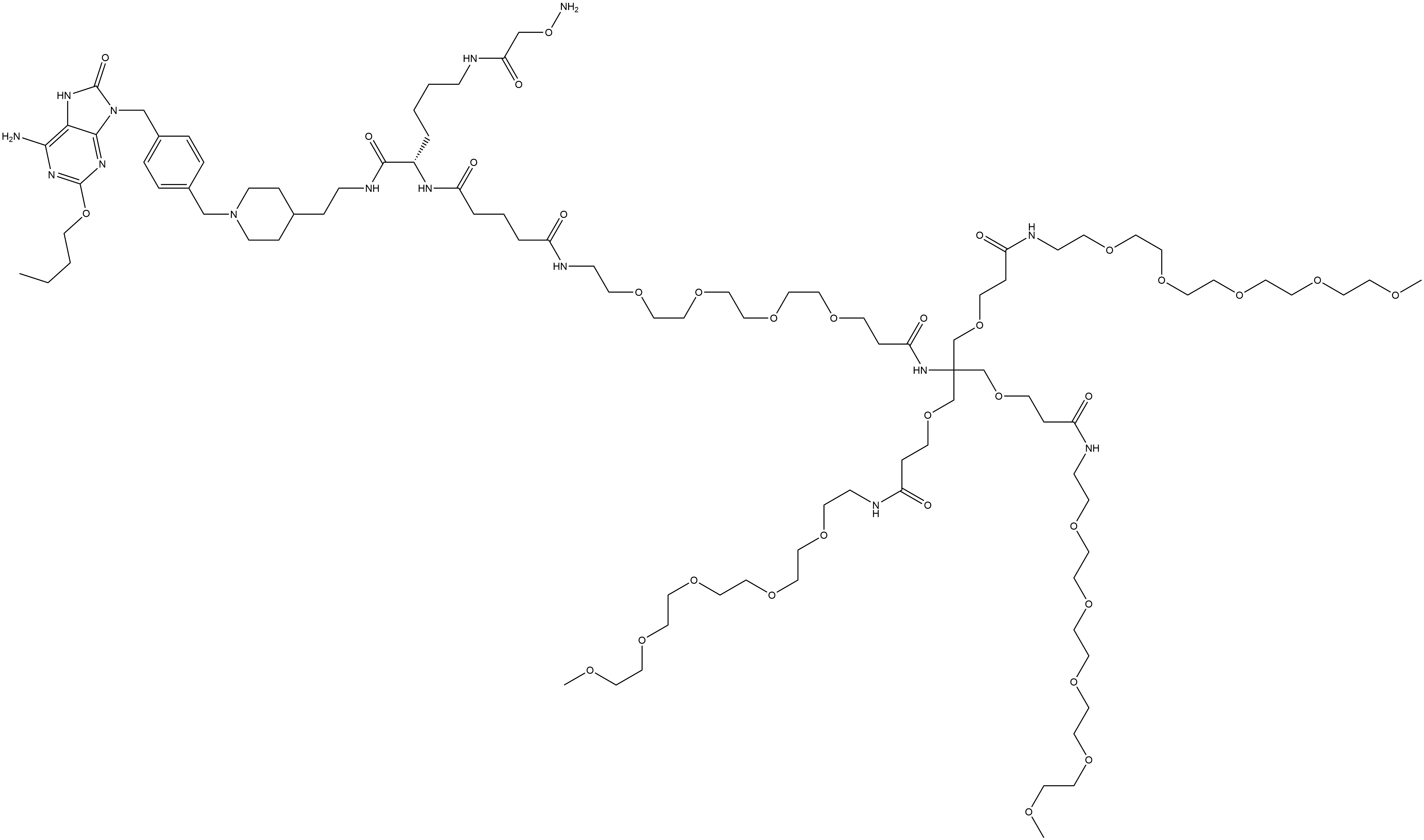 (2S)-N1-[2-[1-[[4-[(6-Amino-2-butoxy-7,8-dihydro-8-oxo-9H-purin-9-yl)methyl]phenyl]methyl]-4-piperidinyl]ethyl]-2-[4-[[2-(aminooxy)acetyl]amino]butyl]-4,8,24-trioxo-26,26-bis(5-oxo-2,9,12,15,18,21-hexaoxa-6-azadocos-1-yl)-N31-3,6,9,12,15-pentaoxahexadec-1-yl-12,15,18,21,28-pentaoxa-3,9,25-triazahentriacontanediamide Structure