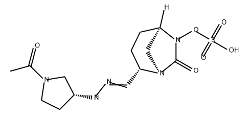 (2S,5R)-2-(N-((R)-1-acetylpyrrolidin-3-yl)carbamimidoyl)-7-oxo-1,6-diazabicyclo[3.2.1]octan-6-yl hydrogensulfate Structure