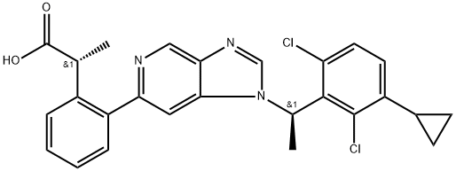 Benzeneacetic acid, 2-[1-[(1R)-1-(2,6-dichloro-3-cyclopropylphenyl)ethyl]-1H-imidazo[4,5-c]pyridin-6-yl]-α-methyl-, (αR)- Structure